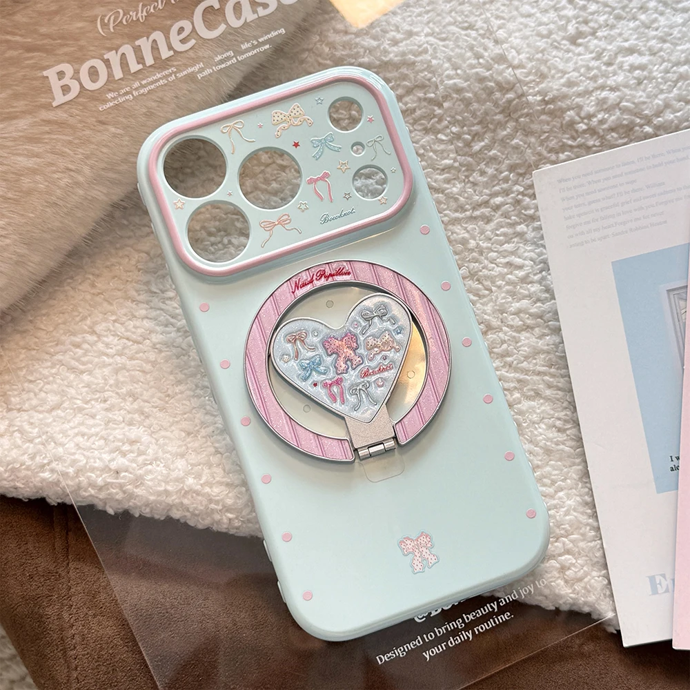 Glitter Colorful Bowknot Fold Heart Magnetic Holder Shockproof Phone Case Cover