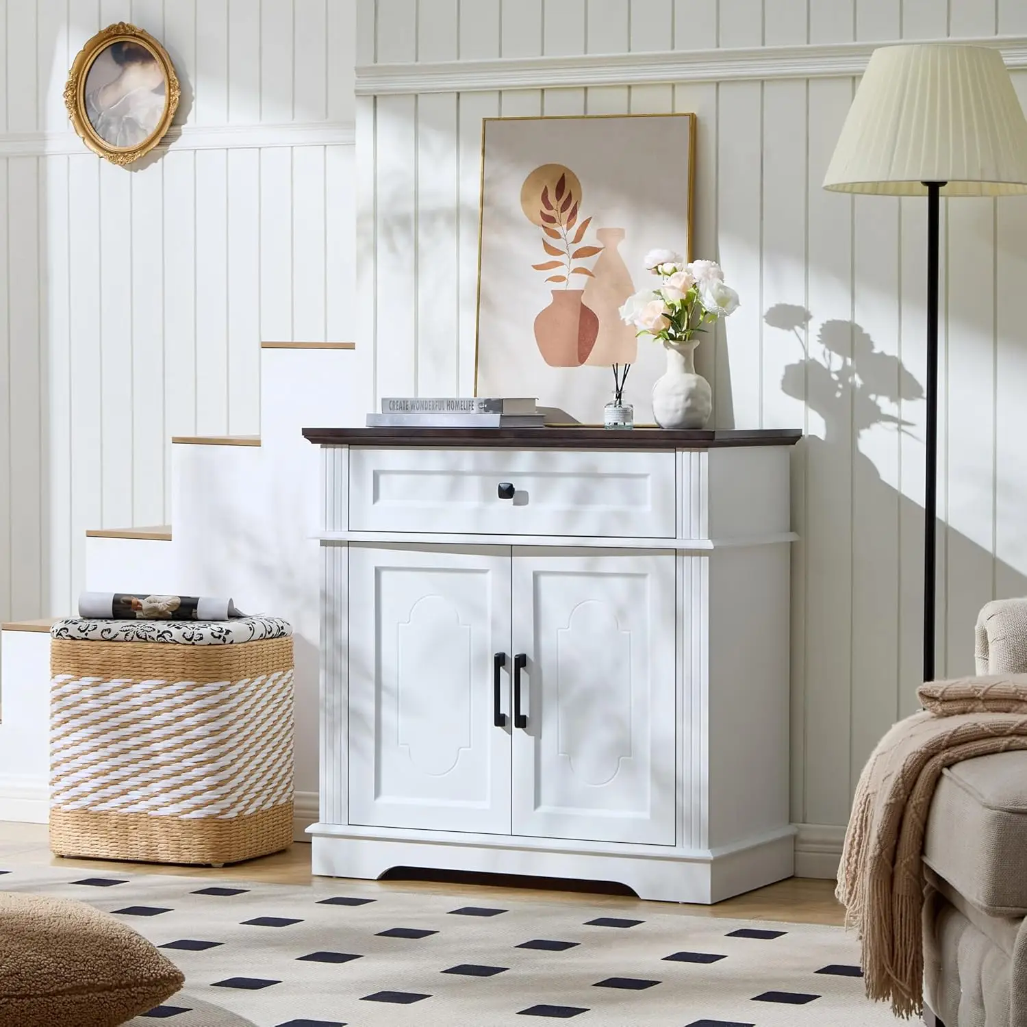 White Farmhouse Storage Cabinet with 2 Doors and 1 Drawer, Adjustable Shelf, Freestanding Kitchen Pantry Cabinet,, Customized 1