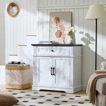 White Farmhouse Storage Cabinet with 2 Doors and 1 Drawer, Adjustable Shelf, Freestanding Kitchen Pantry Cabinet,, Customized 1