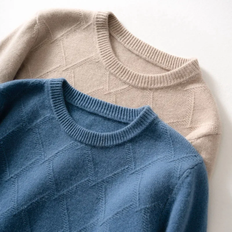 Cashmere Sweater Men's O-Neck Thickened Diamond Sweater Loose Large Casual Knit Backing Winter Wool Sweater 5