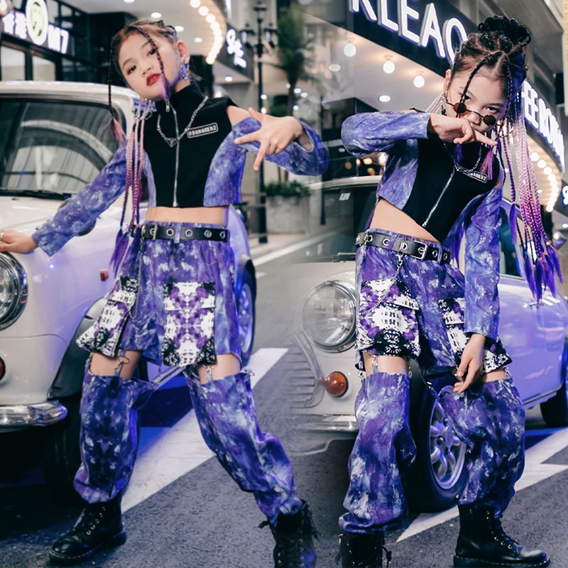 

Kids Purple Tie Dye Jazz Dance Costume Off-Shoulder Tops Hollow Out Cargo Pants Festival Clothing HipHop Dacncing Clothes YS3258