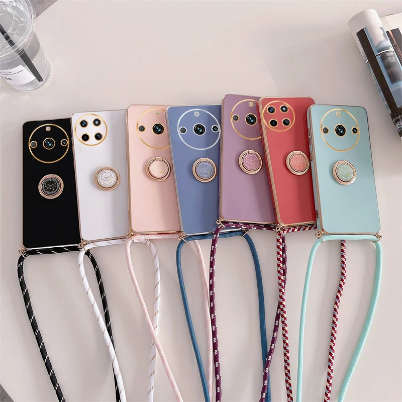 Luxury Plating Ring Holder Crossbody Lanyard Phone Case with Cord Strap Cover