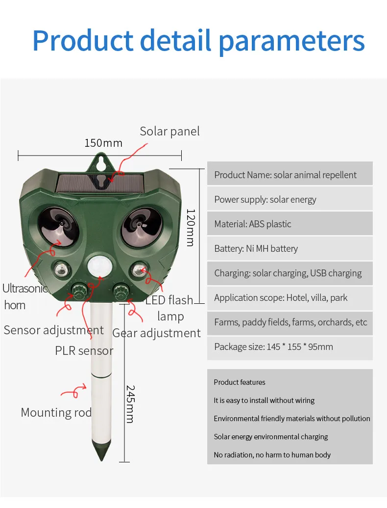 Outdoor-Wellenabwehrgerät mit variabler Frequenz, LED-Blitzlicht, Mäuseabwehr, solarbetrieben und USB-aufladbar, geeignet für Bauernhof, Garten, Terrasse. – Detail 2