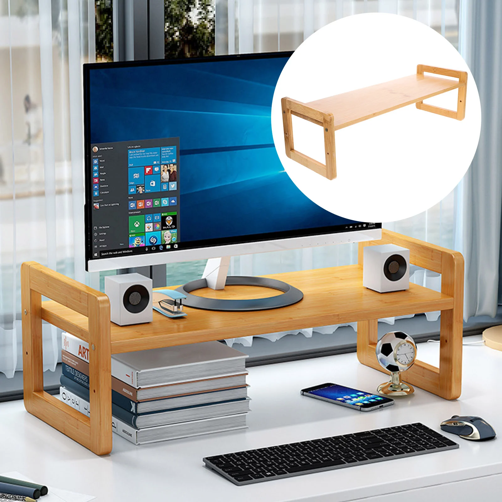 

Monitor Stand Desktop Storage Shelves Computer Heighten Rack Bamboo Riser Laptop