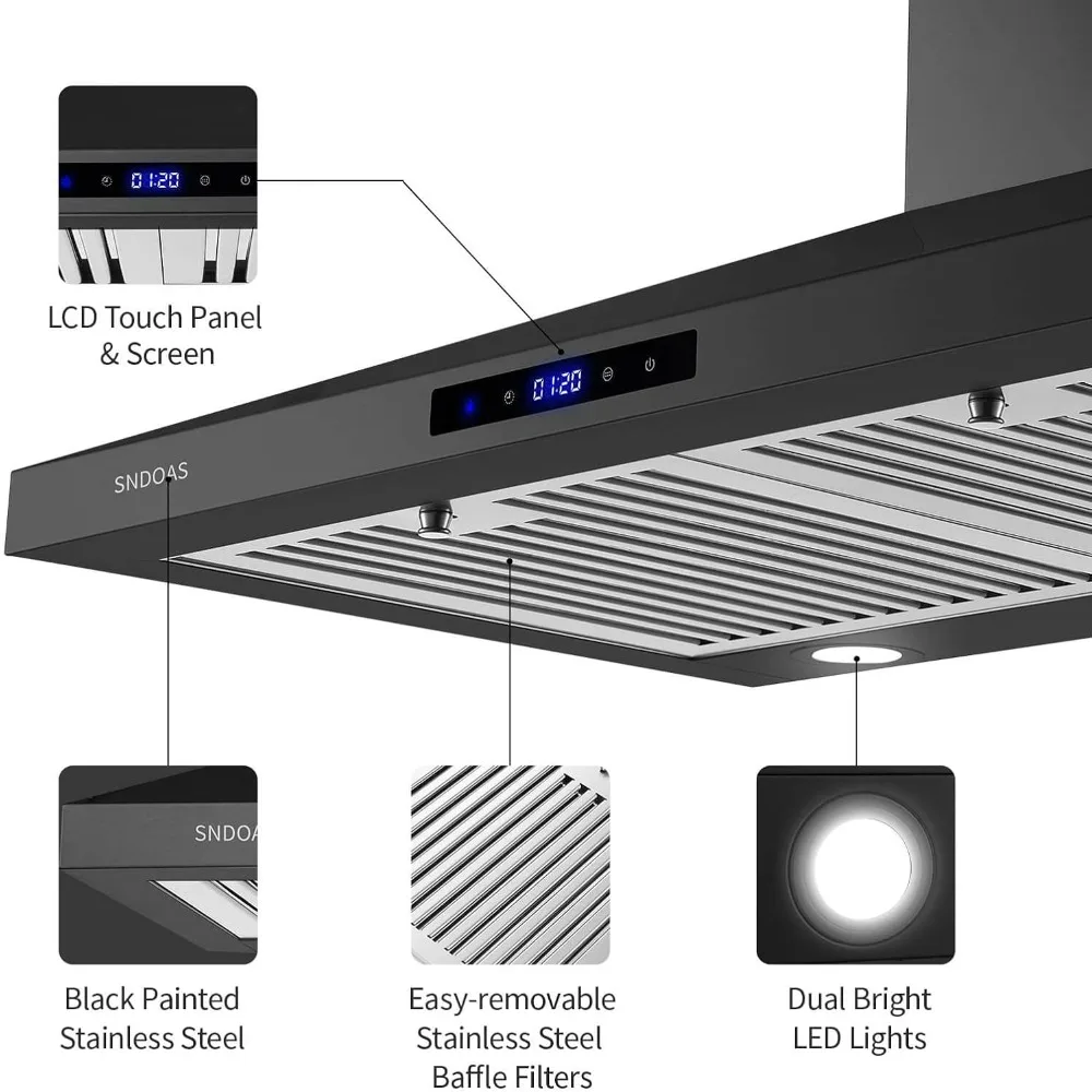 Range Hood Black,Wall Mounted Range Hood 30 inches,Black Kitchen Hoods with Touch Controls,Stainless Steel Range Hood 2