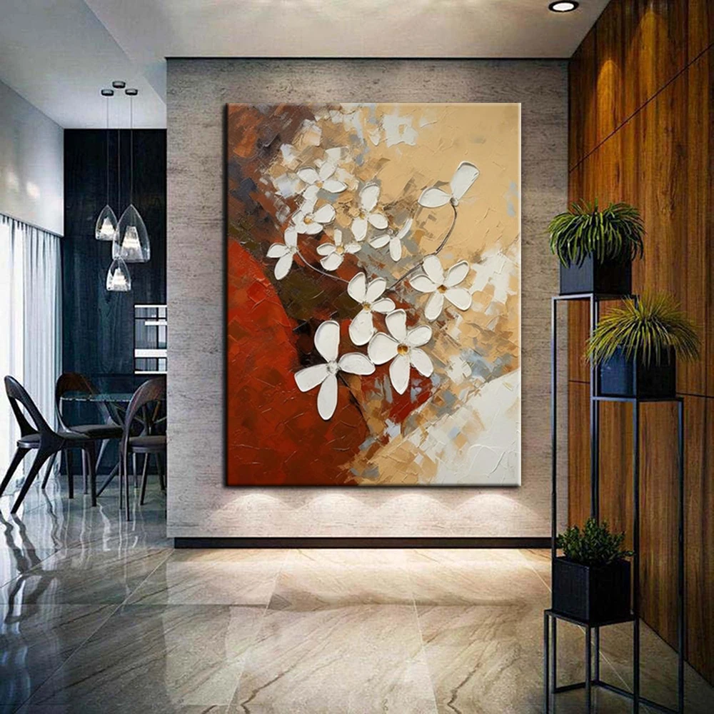 

Hand Painted Oil Painting White And Yellow Flowers Knife Painting Modern Bohemian White Floral Landscape Oil Painting Decor Art