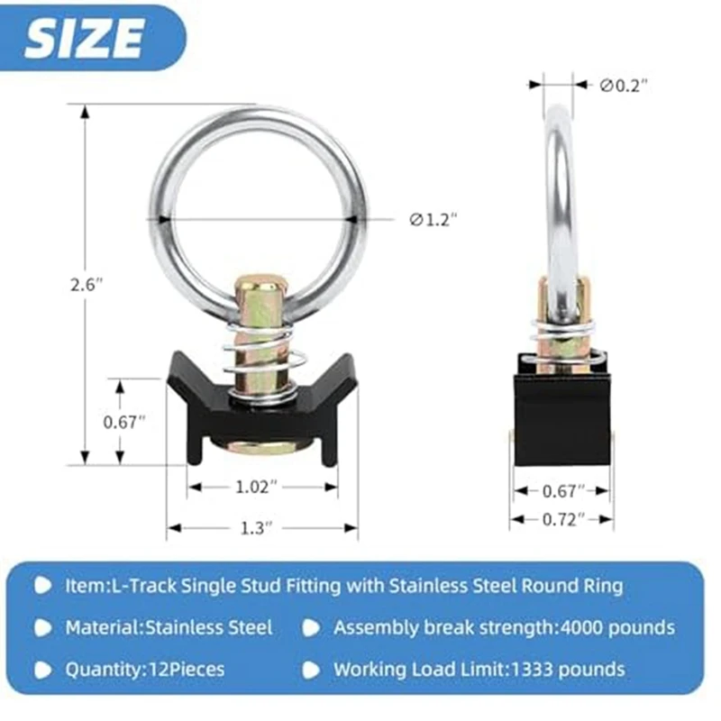 싱글 스터드 피팅 L 트랙, 스테인레스 스틸 라운드 링, 알루미늄 키퍼 화물 제어, 4,000LB 용량, 최고 12 개