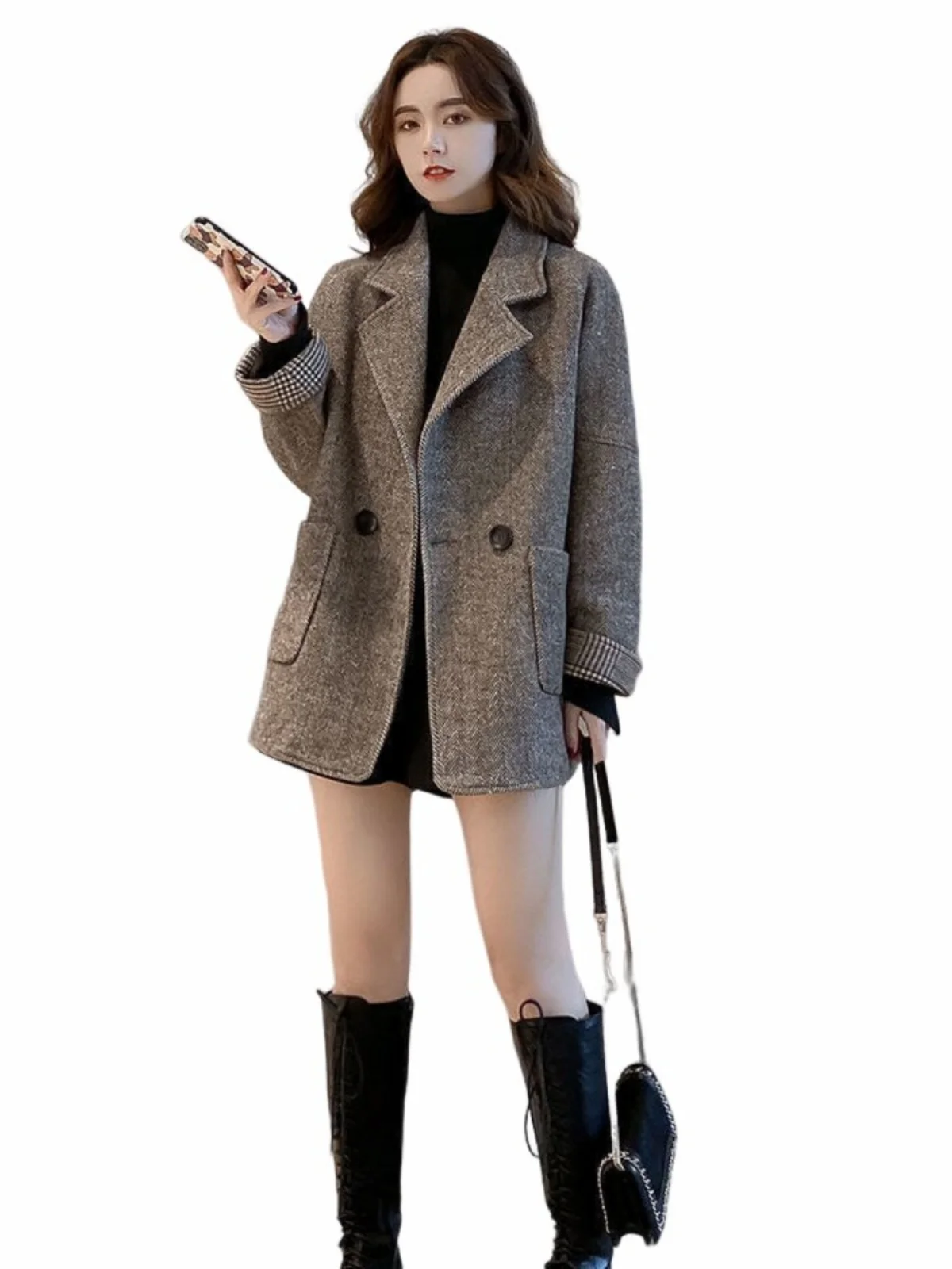 Retro Woolen Jaet Cotton Thiened Medium Length Double Row Button Sli Autumn Winter Faion Ladies' Coat