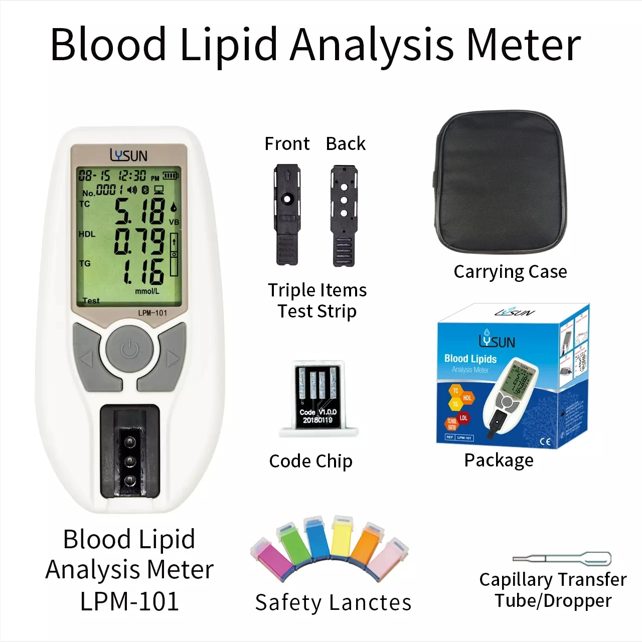 LYSUN LPM-101 3in1 Cholesterol Analysis Meter Blood Lipid Analyzer Meter Total Cholesterol/HDL Cholesterol/Triglyceride Monitor