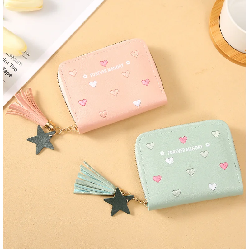 PU Leather Card Bag Mini Wallet Ladies Money Clip Love Embroidery Multifunctional Wallet Women Short Certificate Storage Bags