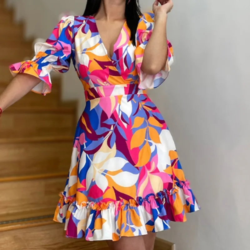

Wepbel High Waist Floral Dress Ruffle V-neck Printed Fashion Dress Summer Casual Half Sleeve Slim Fits A-line Robe Bohe Dress