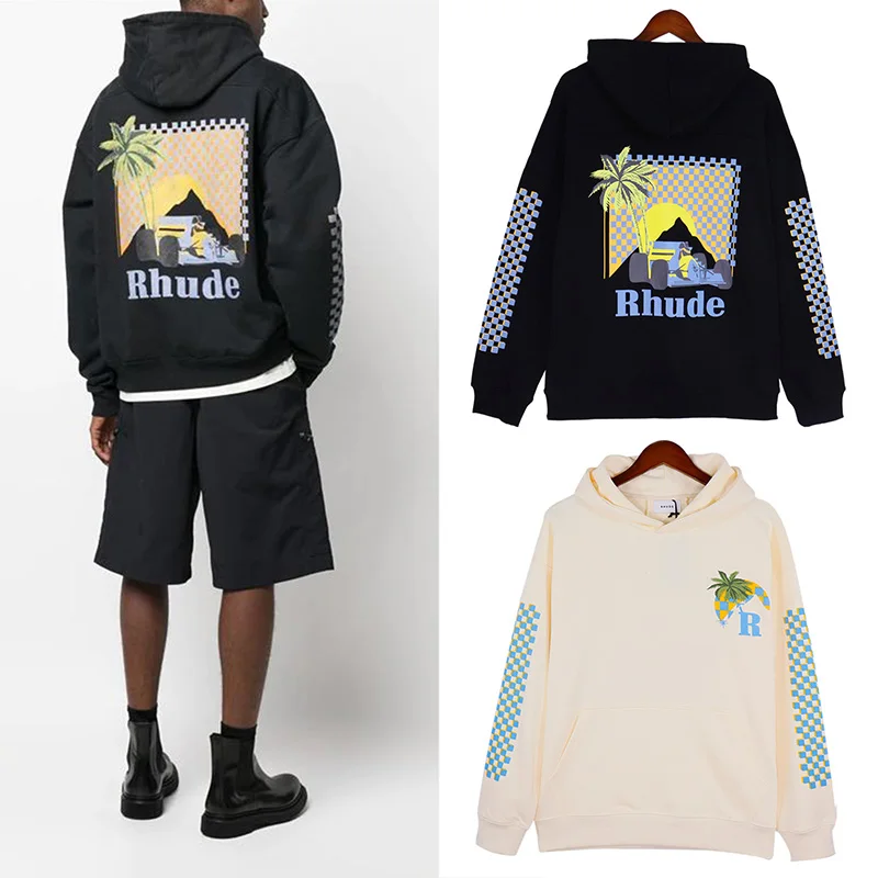 

Rhude Retro Sweatshirts Coconut Tree Setting Sun Printing Men Woman Casual Couple All-match High Quality Hooded Hoodies