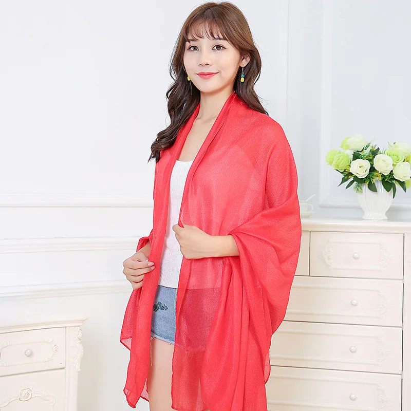 

Korean Pure Color Pearl Light Cotton Long Sunscreen Female Shawl Travel Sandy Beach Chiffon Soft Smooth Fabric Women Scarves C93