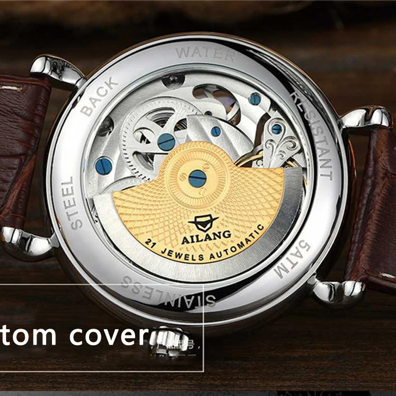 AILANG Fashion Steampunk Skeleton Mechanical Watch Men Luxury Leather Strap 50M Waterproof Hollow Automatic Watches for Mens