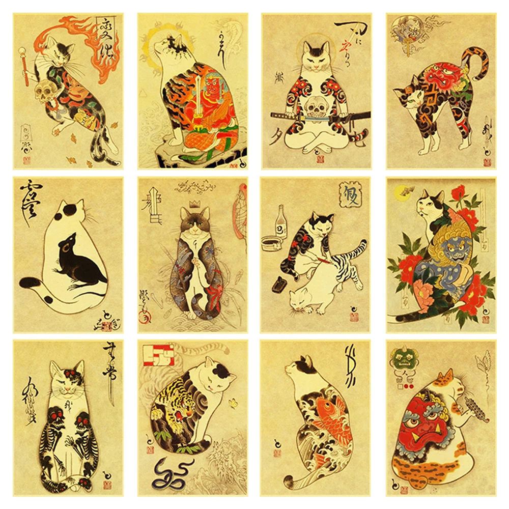

Vintage Japanese Samurai Cat Painting Print Wall Art Canvas Poster Fun Tattoo Animal Picture for Living Room Home Decor Cuadros