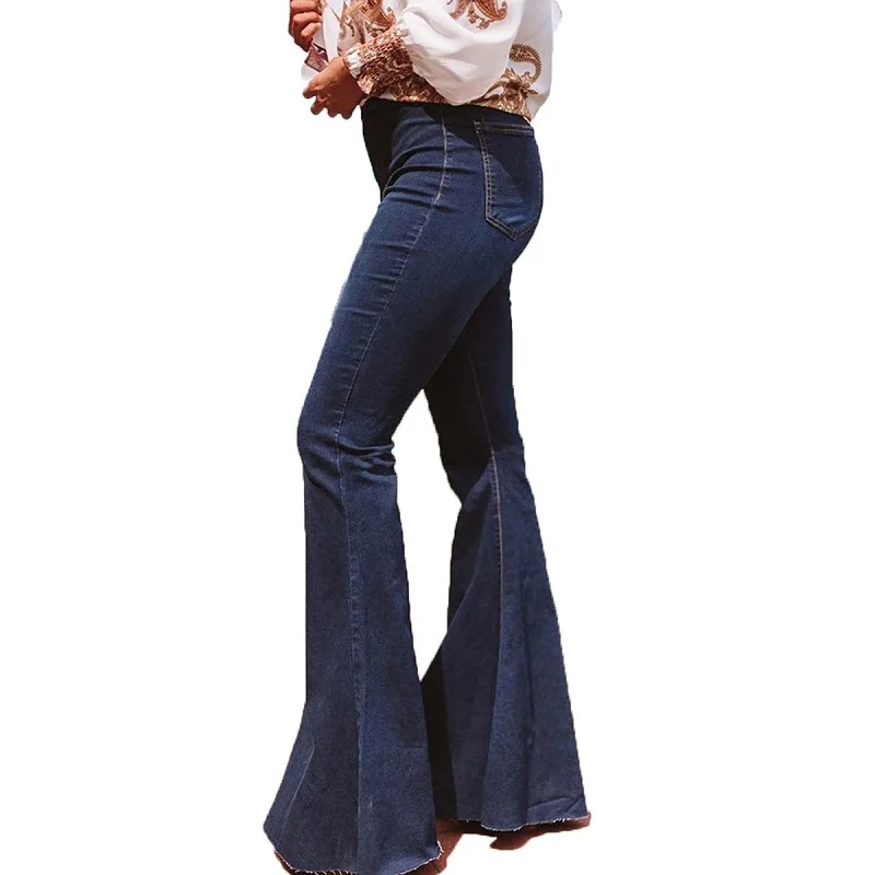 Women Spring Elastic High Waisted Blue Black Jeans Flare Pants Loose Summer Full Length Mom Jeans Pants Vintage Denim Trousers
