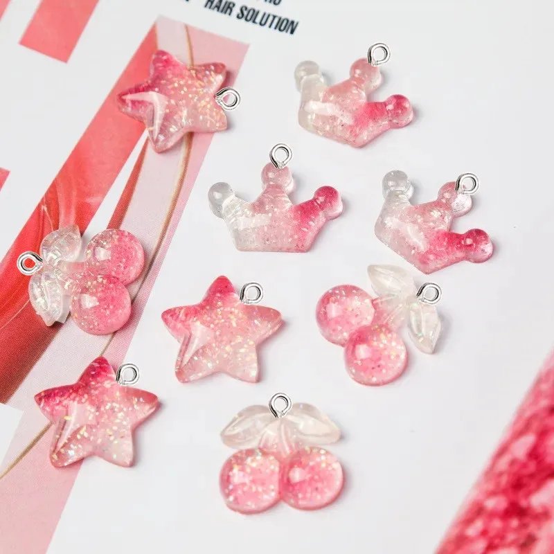 

10Pcs Gradient Color Cherry Crown Resin Pendant DIY Earrings Necklace Pendants Bracelet Keychain Decoration Flat Back Resin