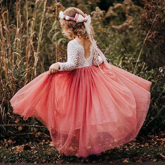 Vestido com flor e renda para meninas, vestido de princesa com