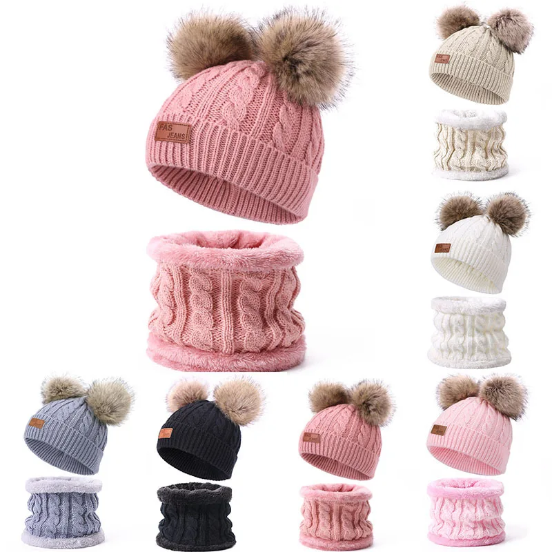 

Baby Hats Scarf Set For Kids Boy Girl Knitted Hats Pompon Beanies Winter Warm Children Hat With Double Dalse Fur Bobble Cute Cap