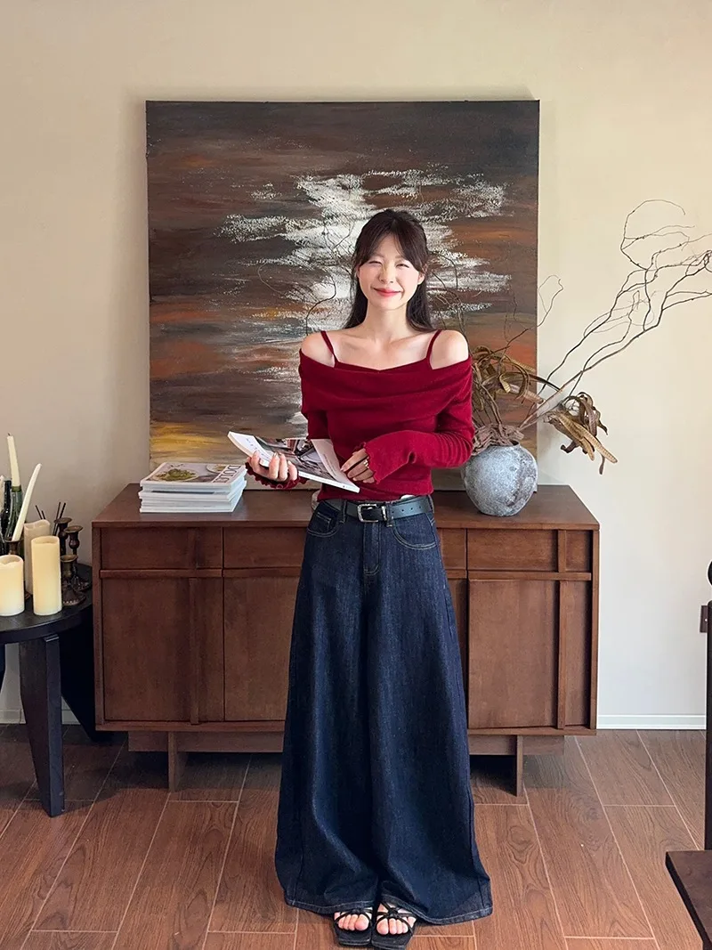 Fake Two-piece Off Shoulder Long Sleeve T-shirt Women's Sexy Slash Neck Flare Sleeve Base Shirt Top Autumn Casual Slim Fit Tops