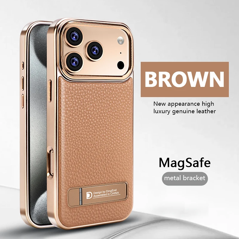 Luxurious Genuine Leather Electroplated Phone Case with Metal Bracket Kickstand and Magsafe Compatibility