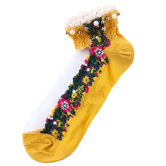 Fashion Elastic Socks Crystal Glass Silk Ultrathin Lace Literary Sale 1 Pair Summer Transparent Jacquard Short Socks G