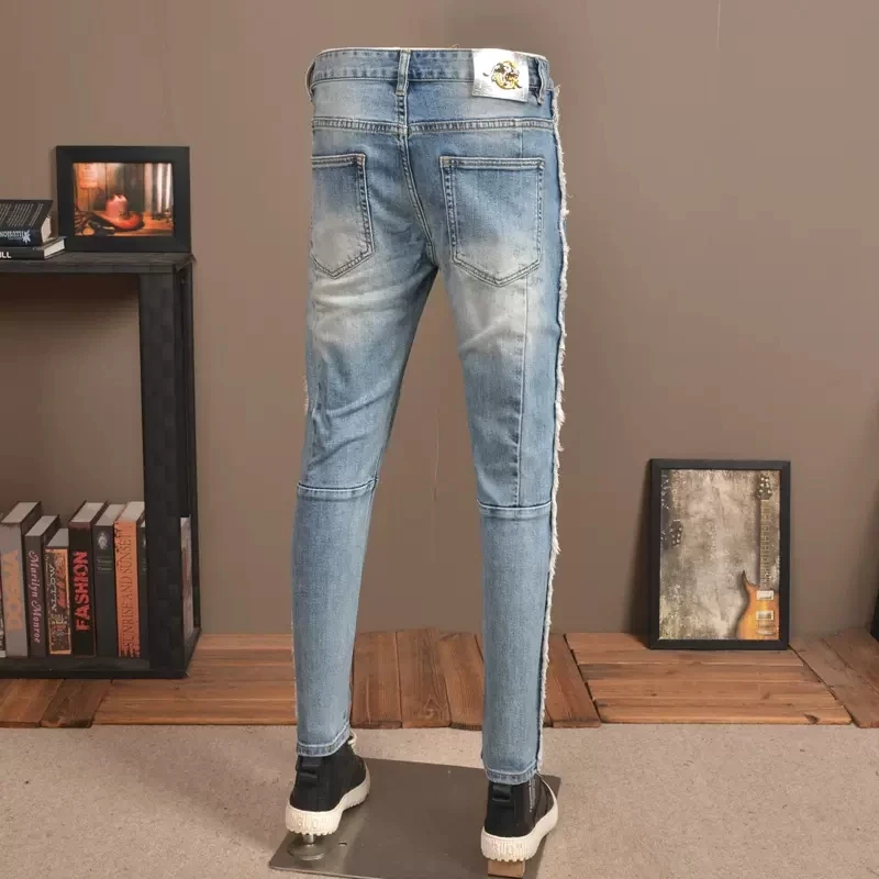 Fashion Streetwear Men Jeans Retro Blue Elastic Stretch Skinny Fit Ripped Jeans Men Spliced Designer Hip Hop Denim Pants Hombre