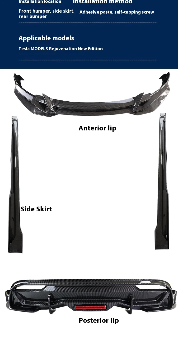 For Tesla 2024 Model3 highland Body Kit Carbon fiber pattern Rear Diffuser Spoiler Front Bumper Lip Side Skirt Car Accessories