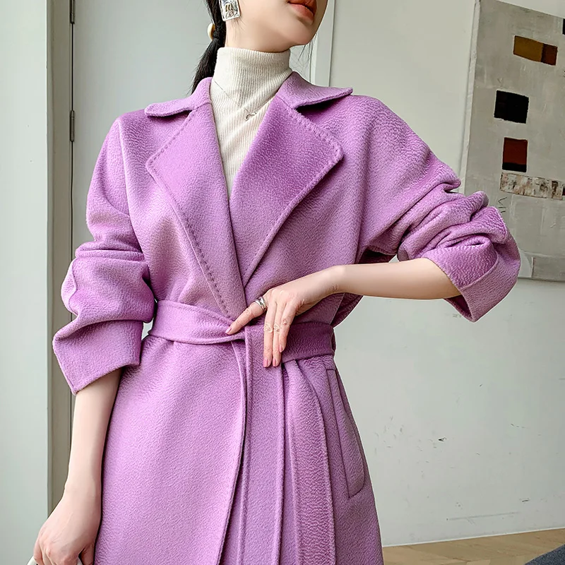 Autumn Winter New High End Double Sided Wool Coat Women's V-Neck 100% Pure Wool Loose Short Belt Temperament Thickened Wool Coat