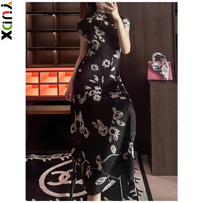 

YUDX Miyake Stand-up Collar Printed Pleated Women's Dress Fashion Temperament Commuter Short-sleeved Split Skirt 2024 Spring New