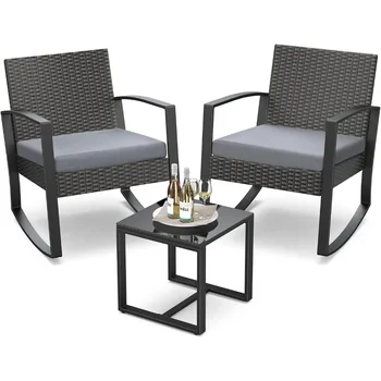 3 Pieces Patio Furniture Set Rocking Bistro Set Outdoor Rattan Conversation with Coffee Table for Garden Balcony Backyard Poolsi