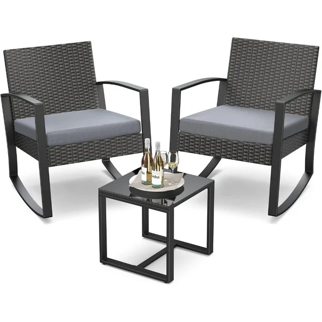3 Pieces Patio Furniture Set Rocking Bistro Set Outdoor Rattan Conversation with Coffee Table for Garden Balcony Backyard Poolsi