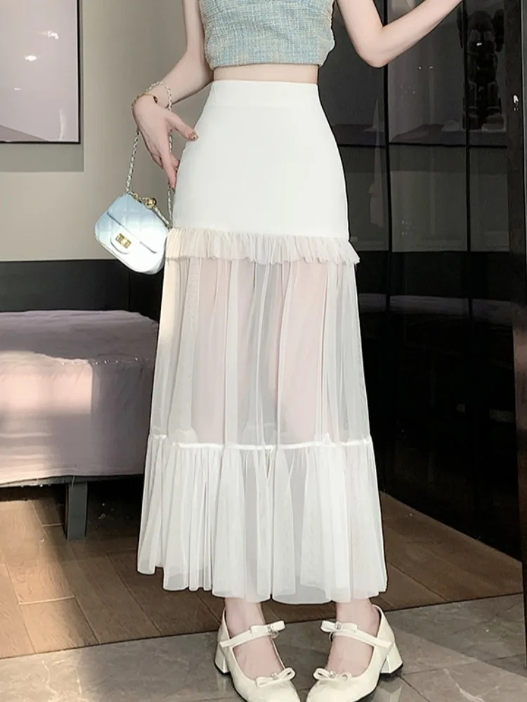 

Элегантная однотонная Лоскутная сетчатая длинная юбка для женщин, темпераментная трапециевидная юбка на молнии с высокой талией, женская модная стильная юбка