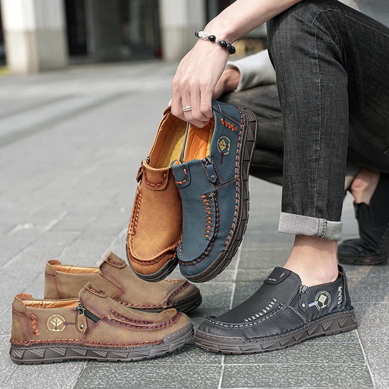 Men's leather four-season casual shoes, men's driving shoes, durable walking shoes, hand-stitched casual leather shoes 39-48