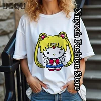 Hello kitty Sailor Moon Cotton T-Shirt Women Summer Fashion Tops Tees Cartoon Short Sleeve Clothing Harajuku Outfit Streetwear 1