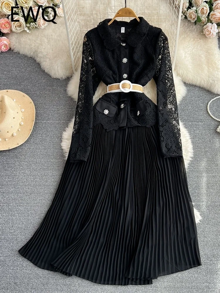 

EWQ Sweet Style Y2K Vestidos 2023 Summer New Women's Dress Lace Patchwork Pleated Solid Color High Waist A-line Dresses 27SN1596