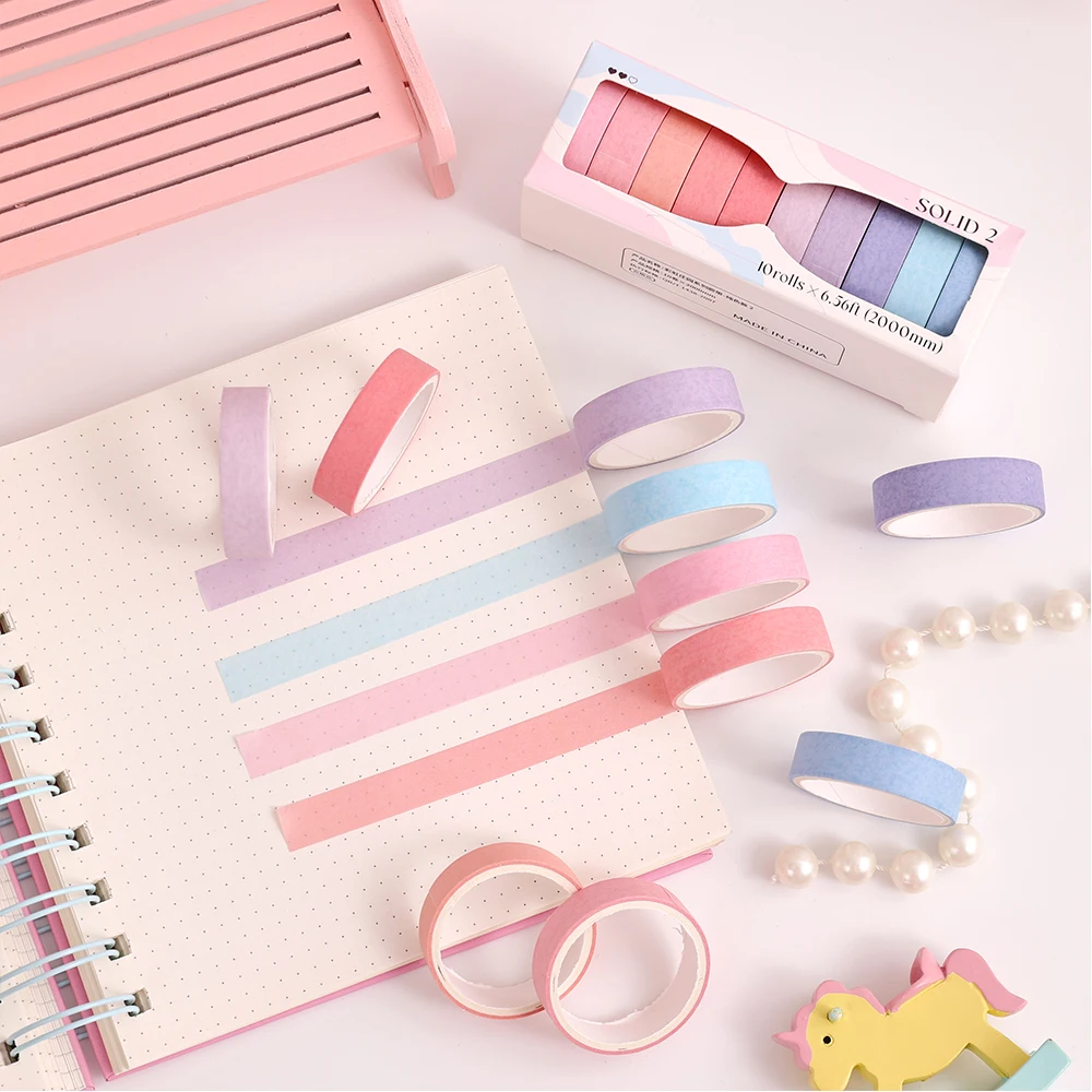 Colorful Slim Solid Color Washi Tape Set DIY Decorative Masking Tape Wrapping Scrapbooking Journaling Supplies 10 Rolls