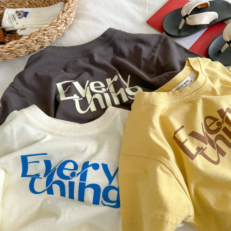 2-7Years Baby Short Sleeve T-Shirts Boys Girls Summer Fashion Letter Print Loose T Shirt Kids Cotton Solid Outerwear Top Clothes 2