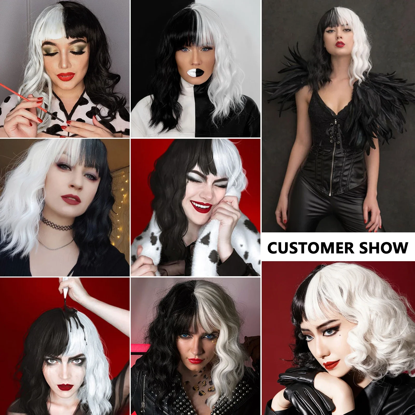 Peluca blanca y negra para disfraz de Cruella Deville, peluca corta  ondulada y rizada para mujer, para fiesta de disfraces de Halloween -  AliExpress, image size:1600x1600