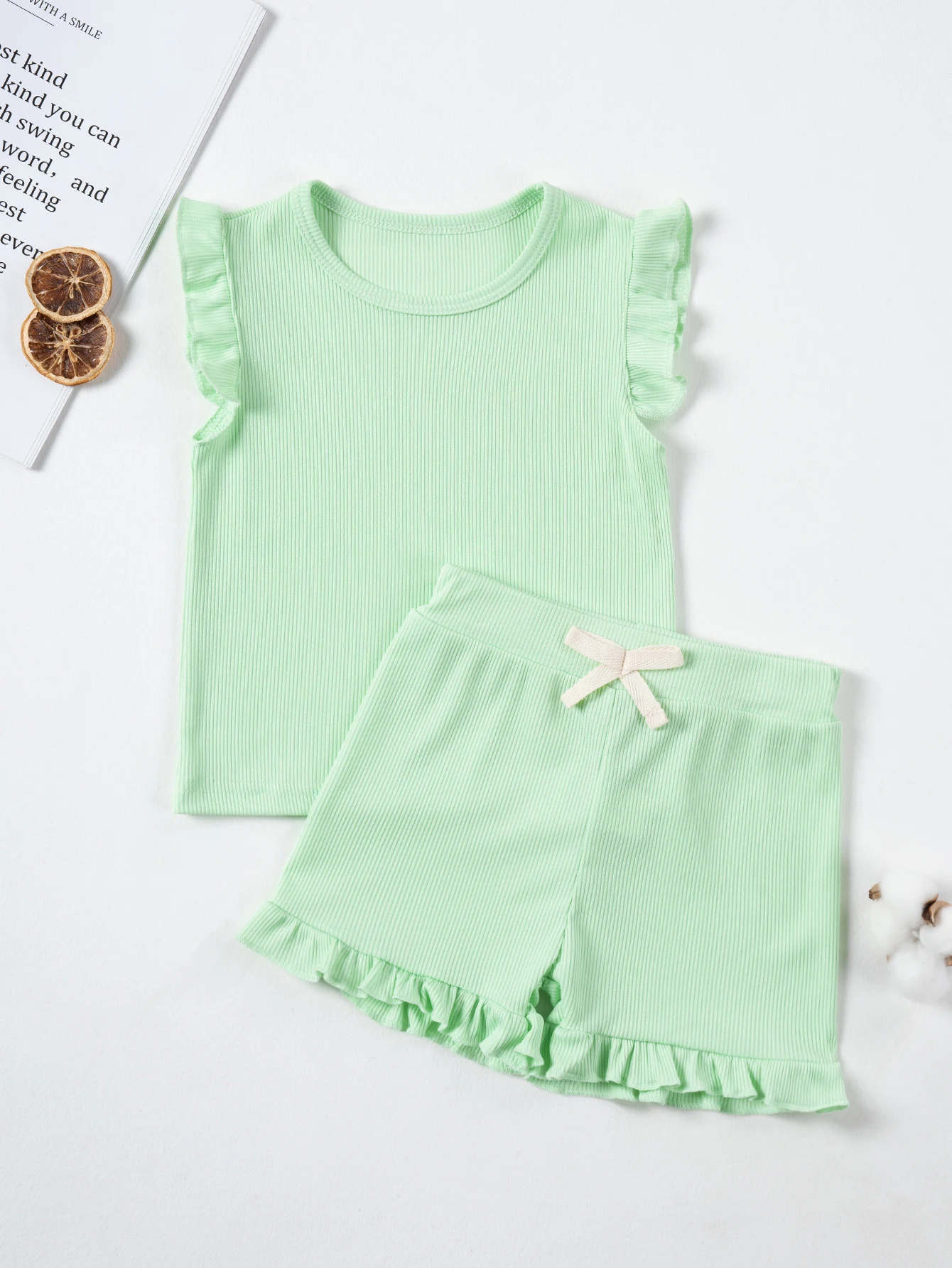Sommer Einfarbig Kleinkind Ärmelloses Set Mädchen Dash Sleeve Top + Shorts Elastische Taille Kleidung Set 2 stücke Rüschen Kinder kleidung – Detail 20
