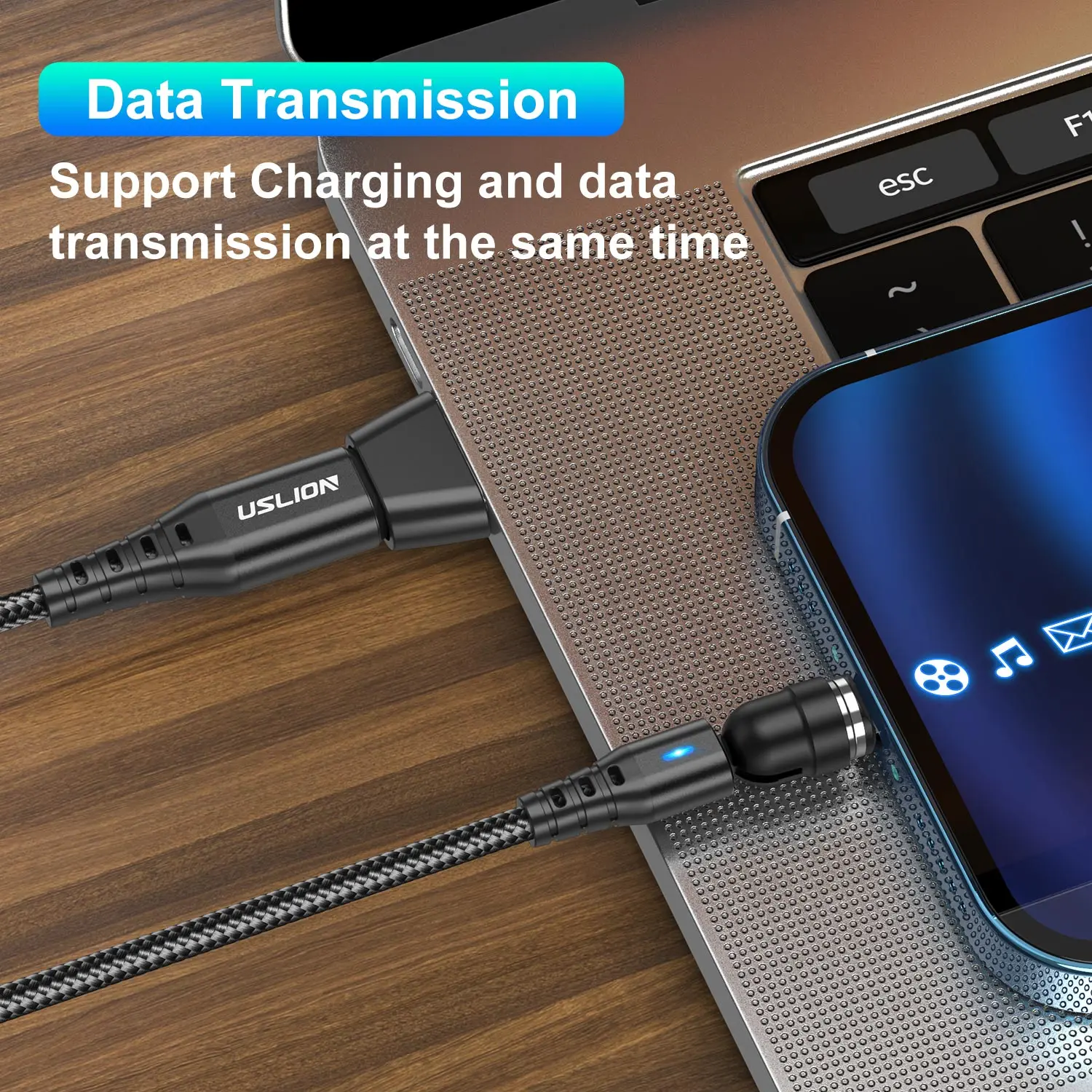 USLION 60W Fast Charging Magnetic Cable Quick Charge 4.0 Type C to Type C Cable PD USB 2 in 1 Data Charger Cable with Connecter