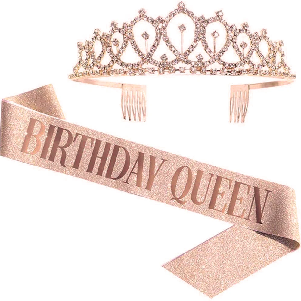 Rosegold Glitzer Geburtstag Satin Schärpe Bling Kristall Krone Geburtstag Königin Mädchen Tiara Schultergurt Geburtstag Party Dekoration – Detail 6