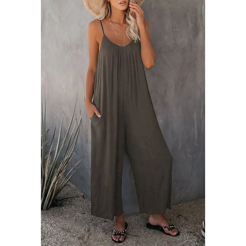 

Summer 2023 new women's pure color suspenders one-piece pants wide leg pants