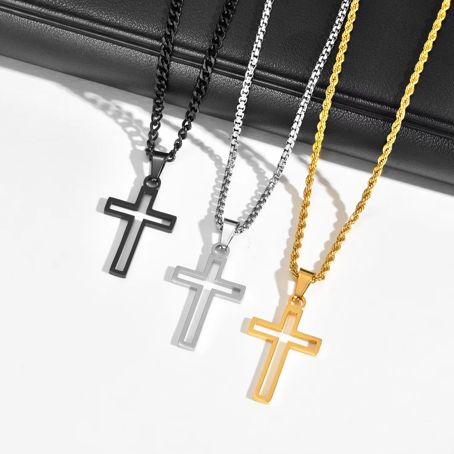 Casual Hollow Cross Necklaces for Men Boys Waterproof Stainless Steel Cross Pendant Necklace Religious Faith Prayer Jewelry Gift