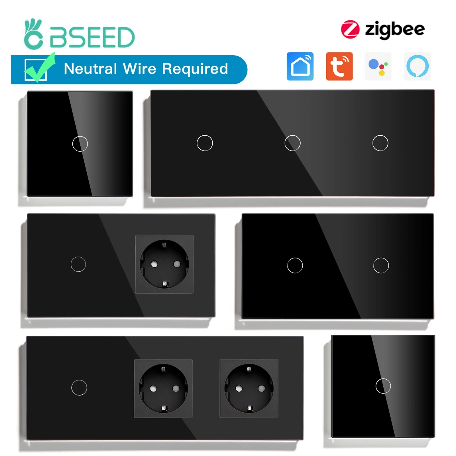 Bseed-zigbee Interruptores de Parede Touch Tomadas ue Interruptores de Luz Triplo Duplo Tuya Smart Life App Controle Way Gangues Gangues Way Gangues Gangues