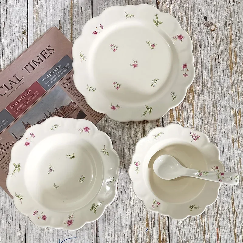 New Retro Floral Ceramic Plate Home Flower Dessert  Porcelain Fruit Salad Bowl Tableware Dinner Set with Spoon Dinnerware