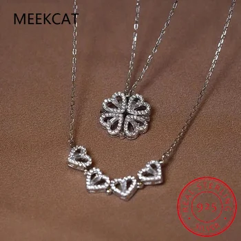 여성용 트렌디 마그네틱 스털링 실버, 925 지르콘 하트 네잎 클로버 펜던트 목걸이, 여름 고급 주얼리, 생일 선물