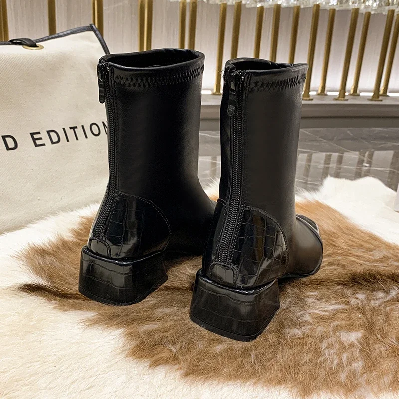 2024 Elegant Texture Embossed Square Toe Ankle Boots Woman Winter Warm Plush Lined Stretch Booties Ladies Low Heel Back Zipper