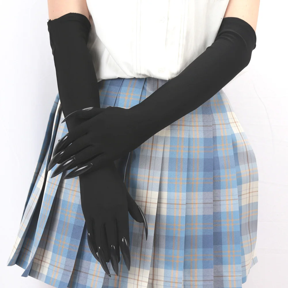 Witch Gloves - Black Satin Mittens for Halloween Cosplay