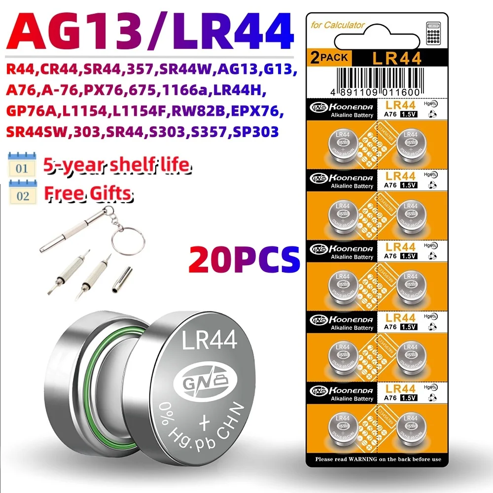 

20pcs AG13 LR44 A76 357 357A LR1154 SR1154 SR44 1.55V Alkaline Battery For Watch Calculator CarKey Remote Clock Button Coin Cell